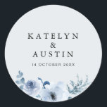 dusty blue floral wedding classic round sticker<br><div class="desc">A simple design with a dusty blue background color and watercolor blue flowers. The text details and colors can be edited.</div>