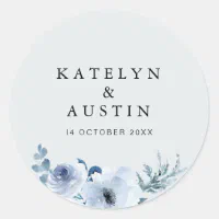 Dusty Blue Botanical Wedding Favor Classic Round Sticker, Zazzle