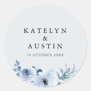 dusty blue floral wedding classic round sticker