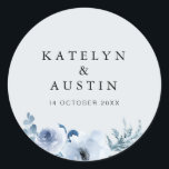 dusty blue floral wedding classic round sticker<br><div class="desc">A simple design with a dusty blue background color and watercolor blue flowers. The text details and colors can be edited.</div>