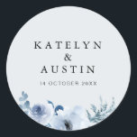 dusty blue floral wedding classic round sticker<br><div class="desc">A simple design with a dusty blue background color and watercolor blue flowers. The text details and colors can be edited.</div>