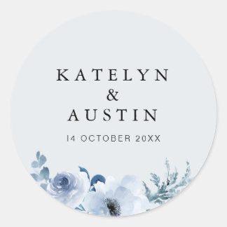 dusty blue floral wedding classic round sticker