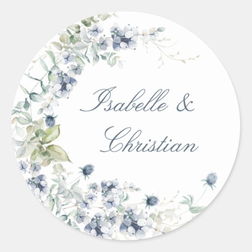 Dusty Blue Floral Wedding  Classic Round Sticker