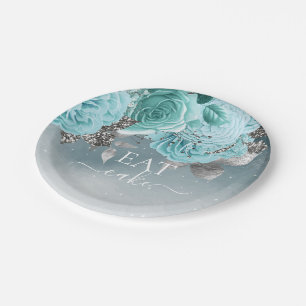 Dusty Blue Floral Wedding Eat Cake Paper Plates