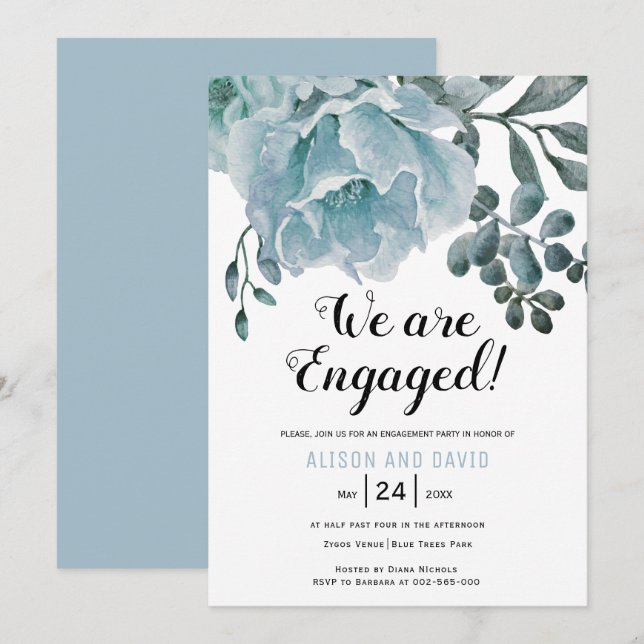 Dusty blue floral wedding engagement party  invitation (Front/Back)