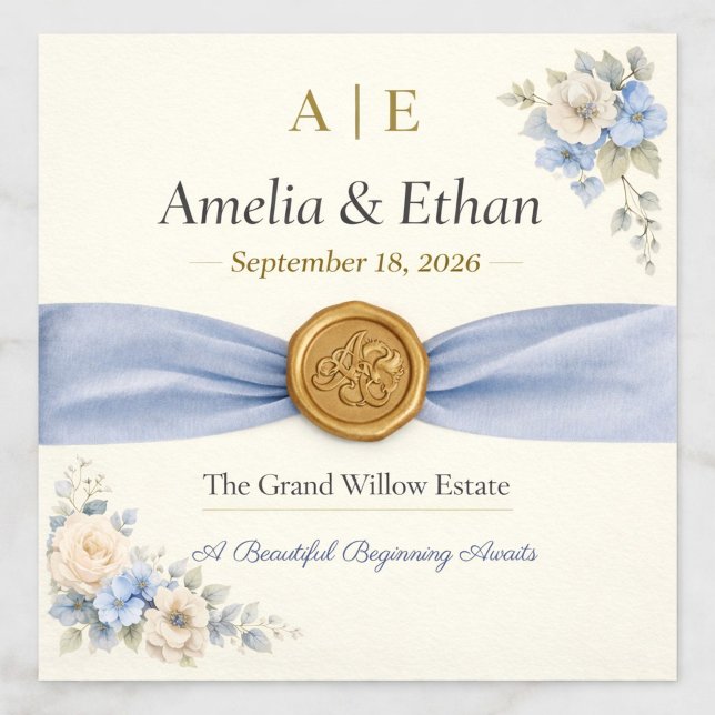 Dusty Blue Floral Wedding Envelope Liner (Elegant Blue Floral Wedding Invitation — Romantic wax seal design for luxury celebrations)