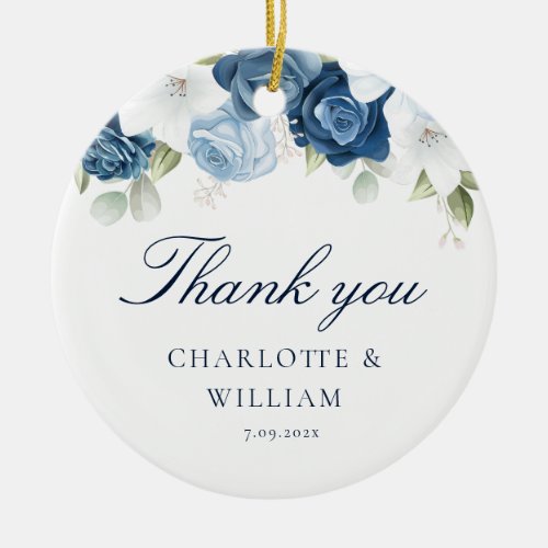 Dusty Blue Floral Wedding Favor Christmas Holidays Ceramic Ornament