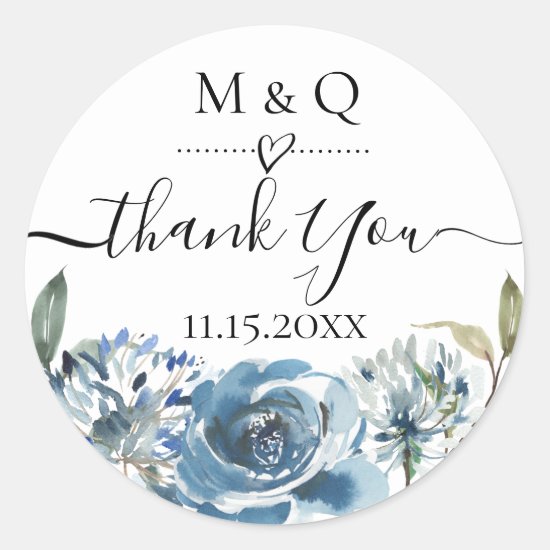 Dusty Blue Floral Wedding Favor Thank You Classic Round Sticker