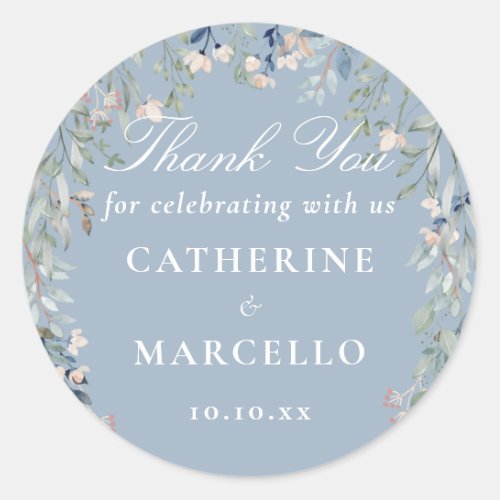 Dusty Blue Floral Wedding Favor Thank You Classic Round Sticker