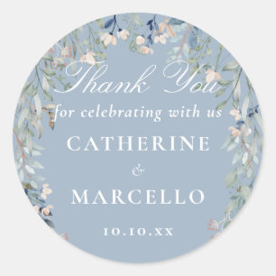 Dusty Blue Floral Wedding Favor Thank You Classic Round Sticker