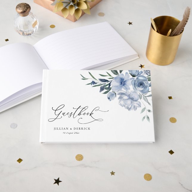 dusty blue floral wedding foil guest book  (Front Open)