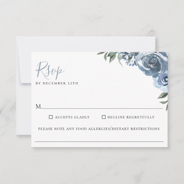 Dusty Blue Floral Wedding Food Allergy RSVP Card (Front)