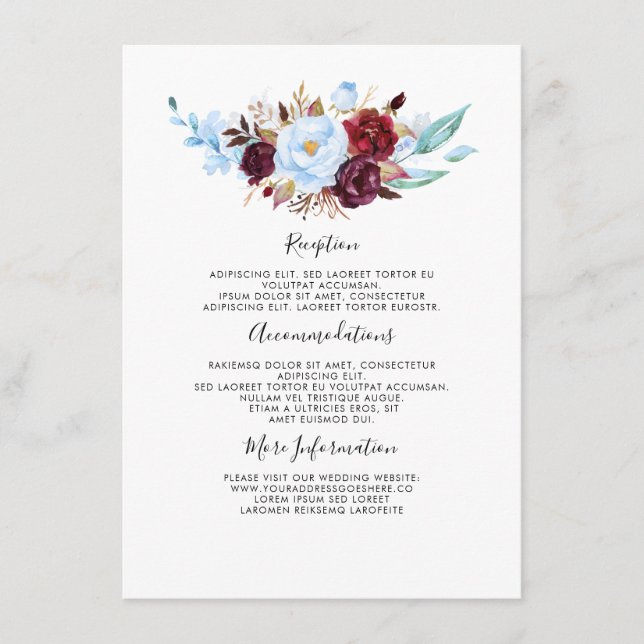 Dusty Blue Floral Wedding Information Guest Enclosure Card (Front)