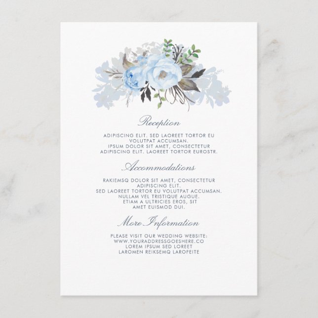 Dusty Blue Floral Wedding Information Guest Enclosure Card (Front)