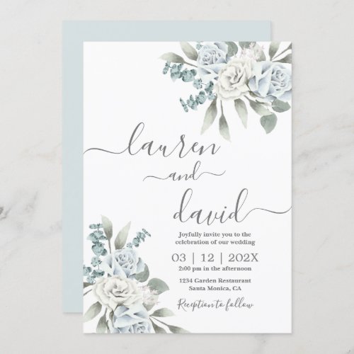 Dusty Blue floral Wedding Invitation