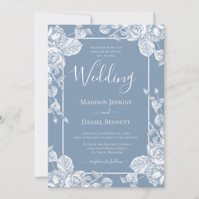 Dusty Blue Floral Wedding Invitation (Front)