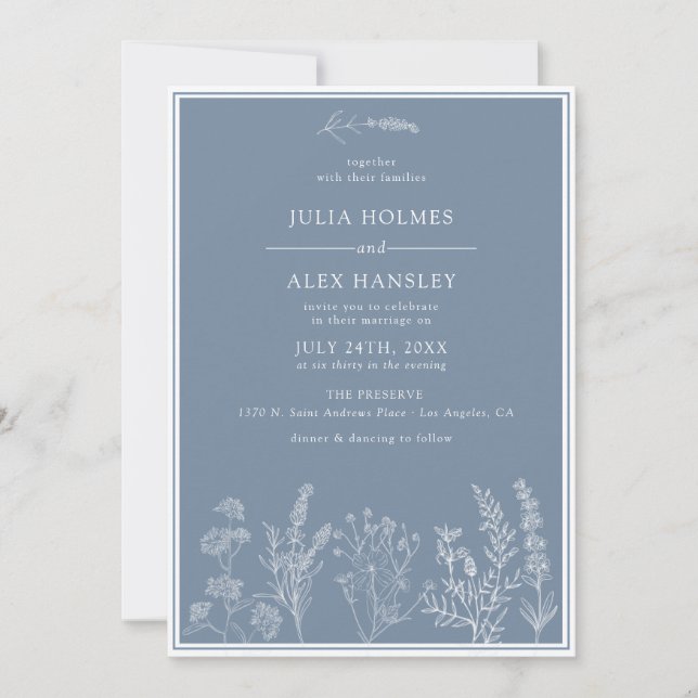 Dusty Blue Floral Wedding Invitation (Front)