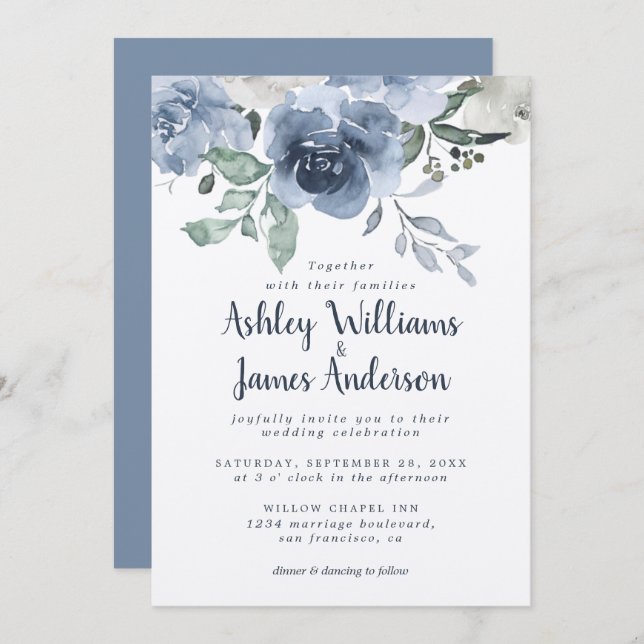 Dusty Blue Floral Wedding Invitation (Front/Back)