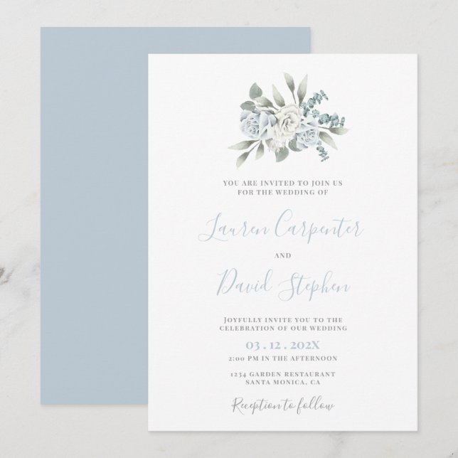 Dusty Blue Floral Wedding Invitation (Front/Back)