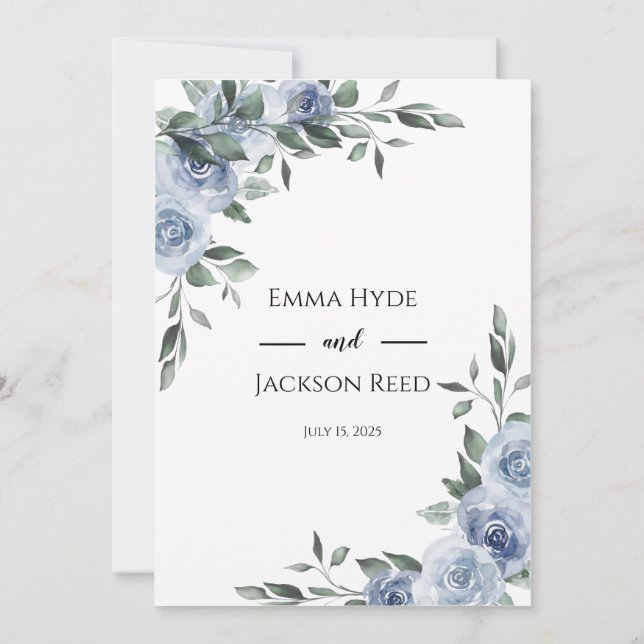 Dusty Blue Floral Wedding  Invitation (Back)