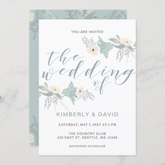 Dusty Blue Floral Wedding Invitation (Front/Back)