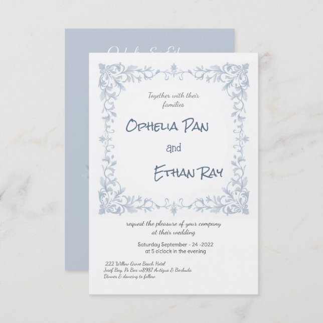 Dusty Blue Floral wedding Invitation (Front/Back)