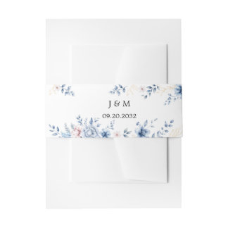 Dusty Blue Floral Wedding Invitation Belly Bands Band