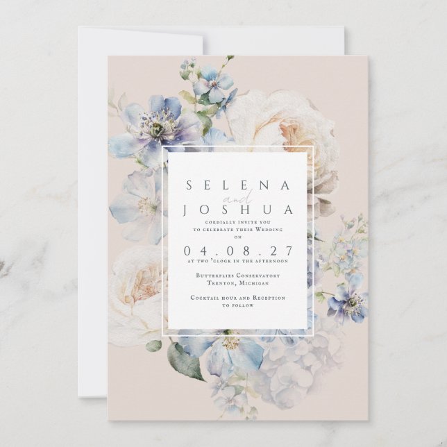 Dusty Blue floral wedding invitation blush (Front)