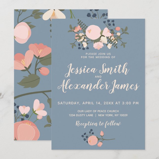 Dusty Blue Floral Wedding Invitation Blush Pink (Front/Back)