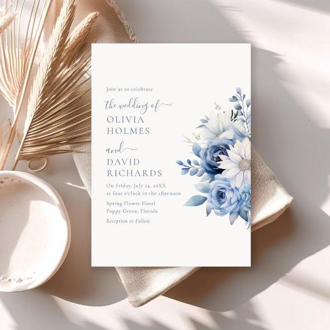 Dusty Blue Floral Wedding Invitation Card (Elegant Dusty Blue Wildflowers Wedding Invite on a sunny neutral boho table.)