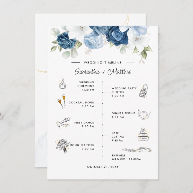 Dusty Blue Floral Wedding Itinerary and Program (Front/Back)
