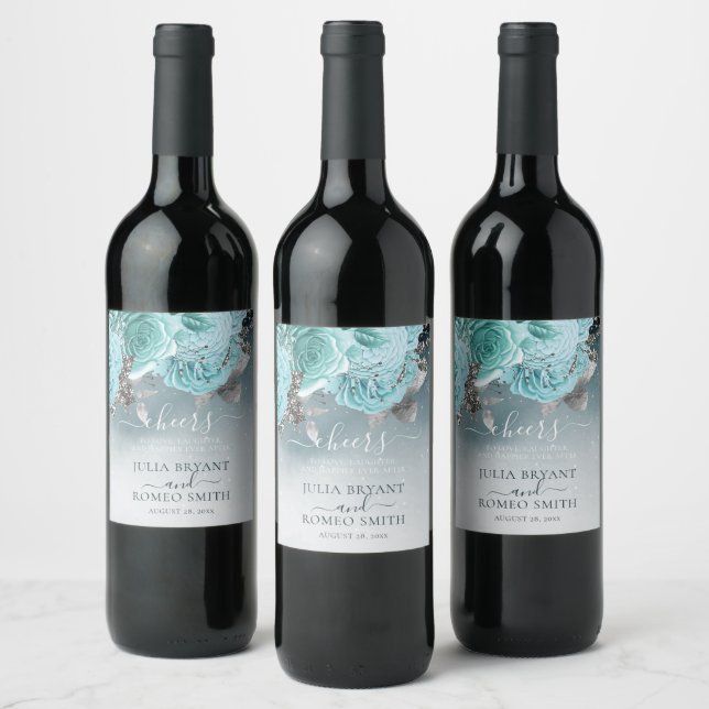 Dusty Blue Floral Wedding Luxury Wine Label (Bottles)
