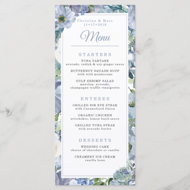 Dusty Blue Floral Wedding Menu (Front)