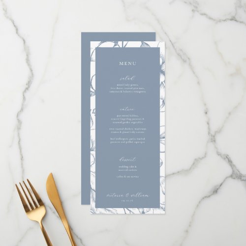 Dusty Blue Floral Wedding Menu and Thank You