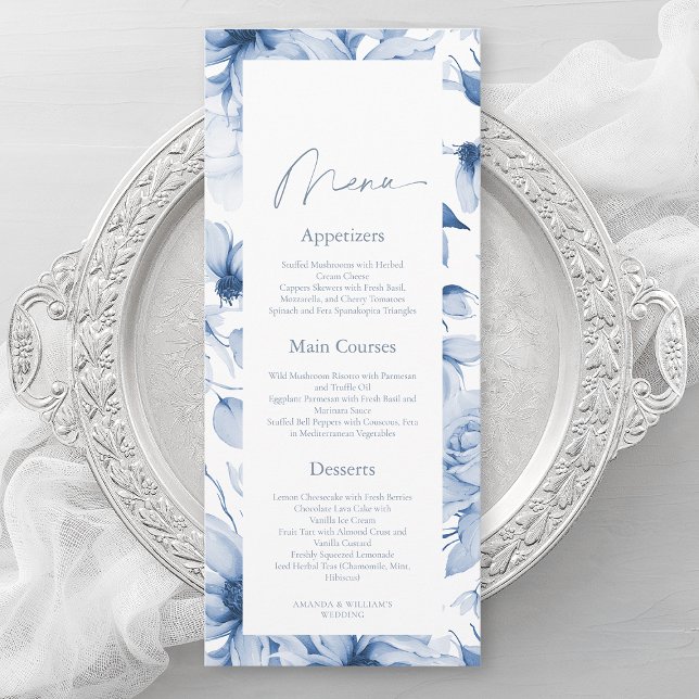Dusty Blue Floral Wedding Menu Card (Creator Uploaded)