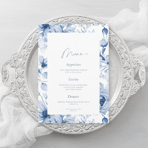 Dusty Blue Floral Wedding Menu Card