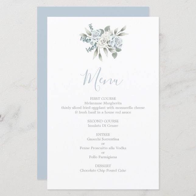 Dusty Blue floral wedding Menu Card (Front/Back)
