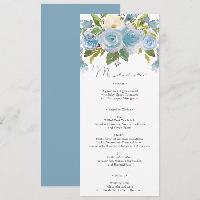 Dusty Blue Floral Wedding Menu or Shower Menu Invitation (Front/Back)