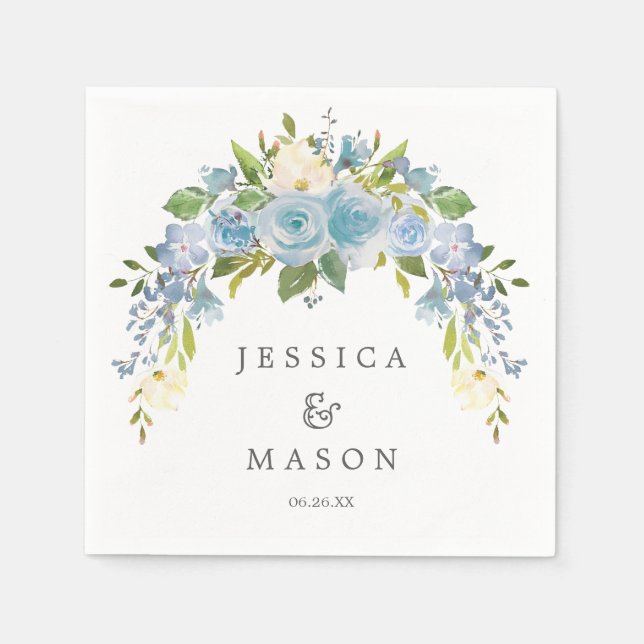 Dusty Blue Floral Wedding Napkin Cocktail Napkin (Front)