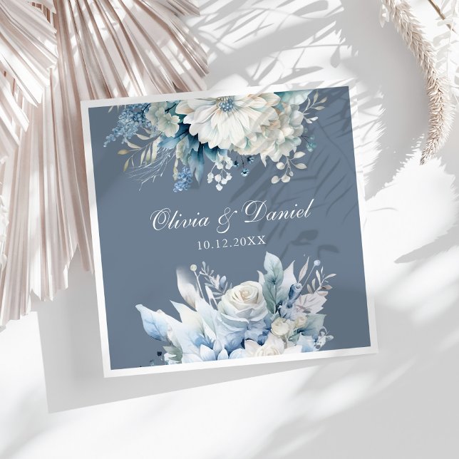 Dusty Blue Floral Wedding Napkin Names (Modern Dusty Blue Wildflowers Wedding Paper Dinner Napkins on a sunny white table.)
