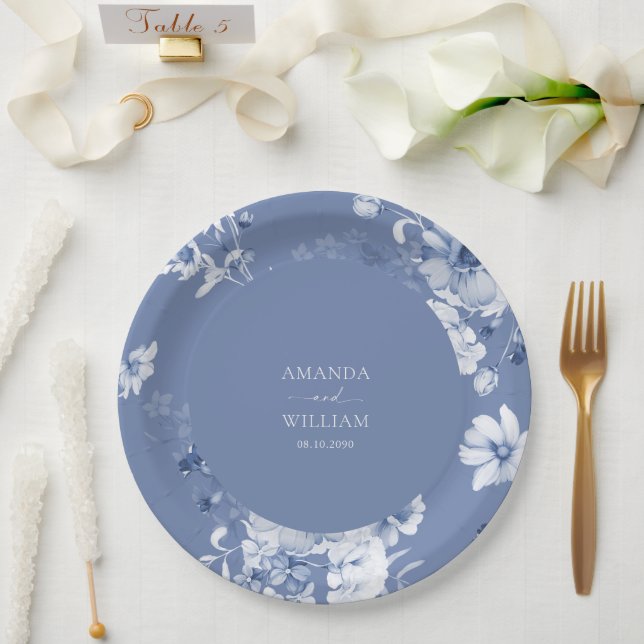 Dusty Blue Floral Wedding Paper Plate (Wedding)
