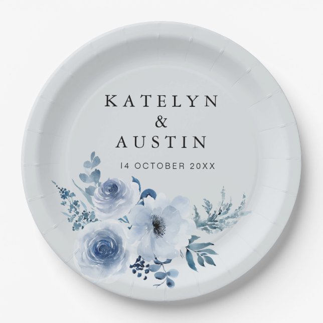 dusty blue floral wedding  paper plates (Front)
