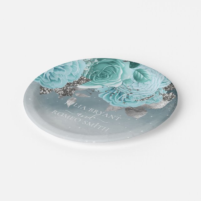 Dusty Blue Floral Wedding Paper Plates (Angled)