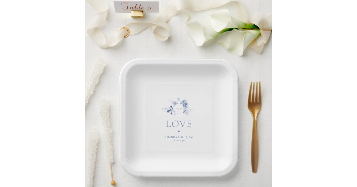 Dusty Blue Floral Wedding Paper Plates | Zazzle