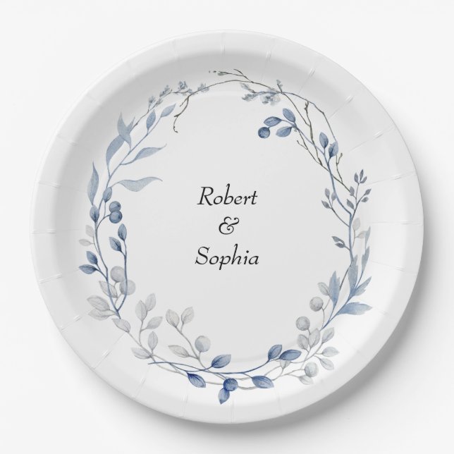 Dusty Blue Floral Wedding Paper Plates (Front)