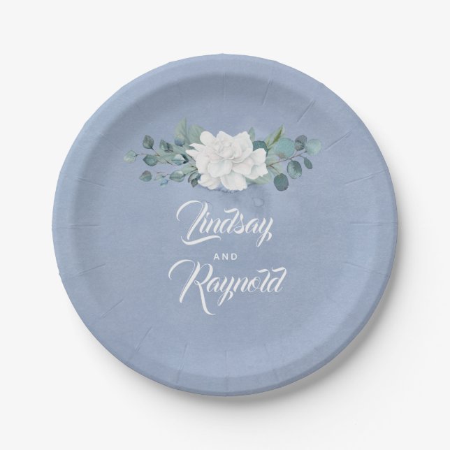 Dusty Blue Floral Wedding Paper Plates (Front)