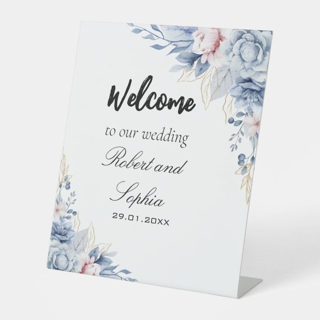 Dusty Blue Floral wedding Pedestal Sign (Front)