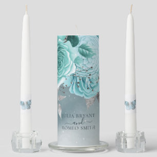 Dusty Blue Floral Wedding Personalized Unity Candle Set