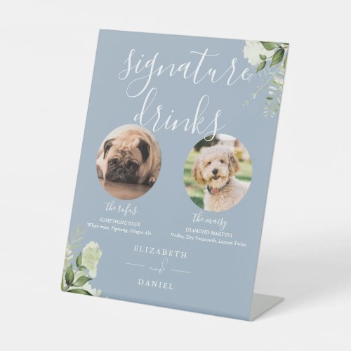 Dusty Blue Floral Wedding Pet Dog Signature Drinks Pedestal Sign