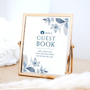 Dusty Blue Floral Wedding Photo Guest Book Sign
